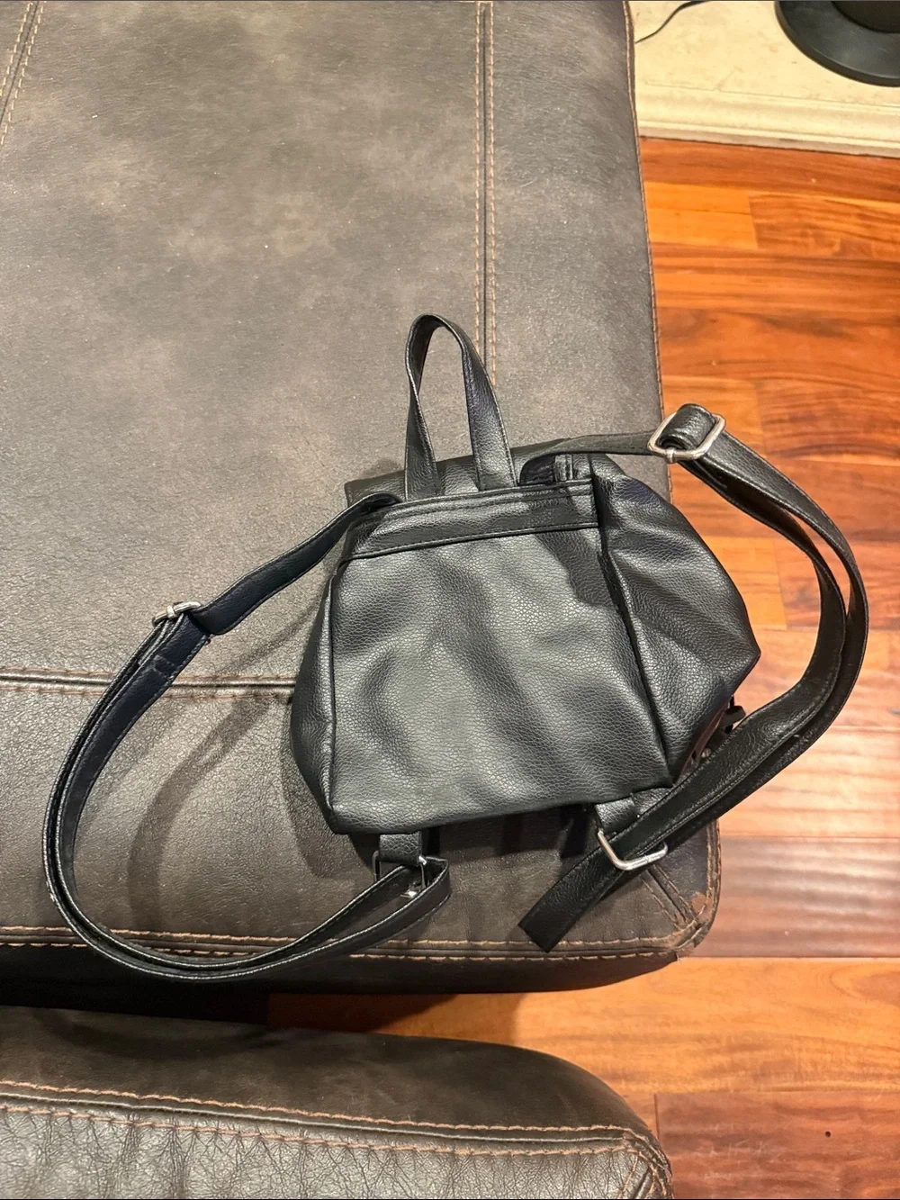 Black Fringe Faux Leather Mini Backpack with letter A from Justice